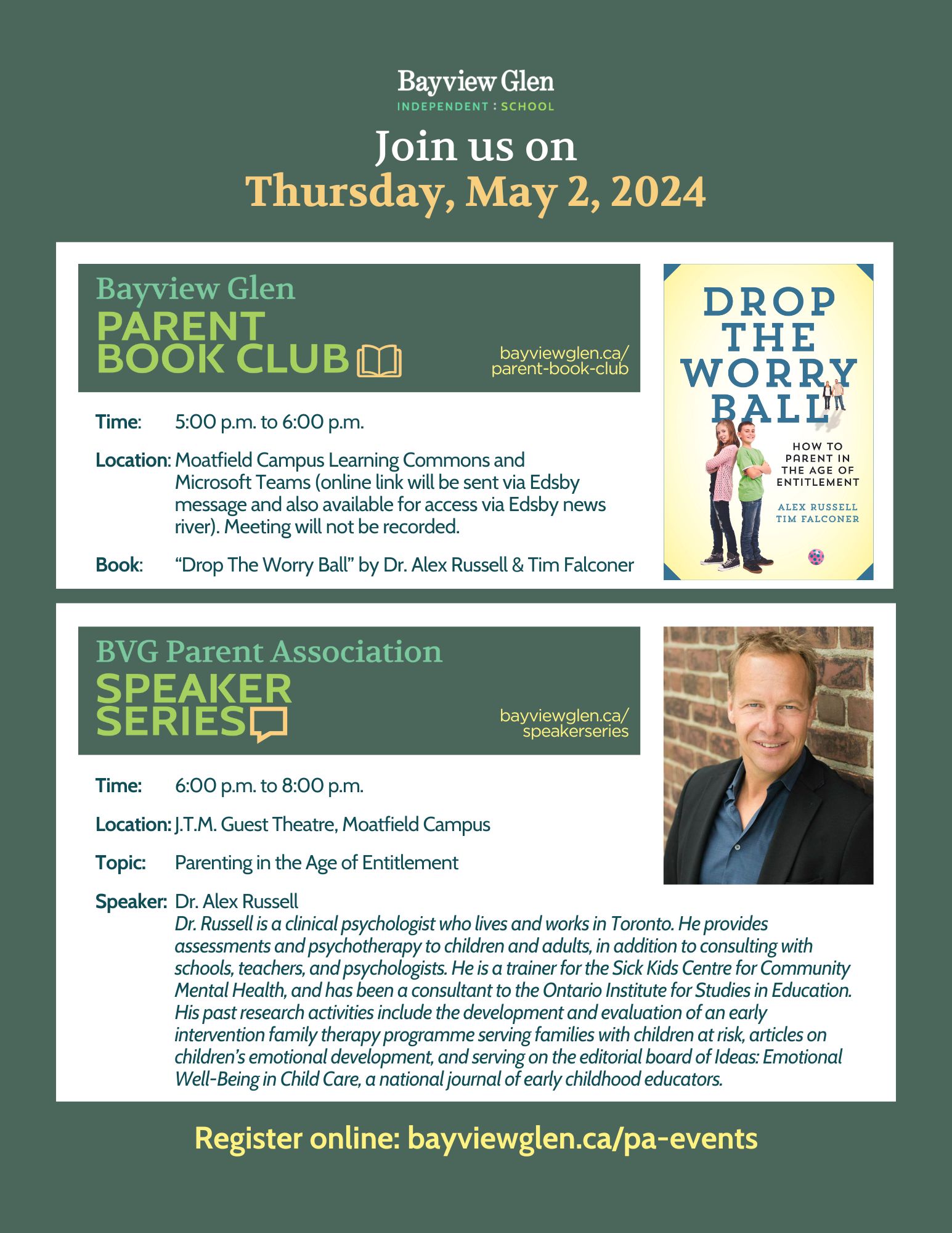 Join us on Thursday, May 2, 2024 for Bayview Glen Parent Book Club and Parent Association Speaker Series with Dr. Alex Russell